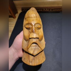 Folk Art Wood Carved African Or Asian Warrior Tribal Head Bust Sculpture